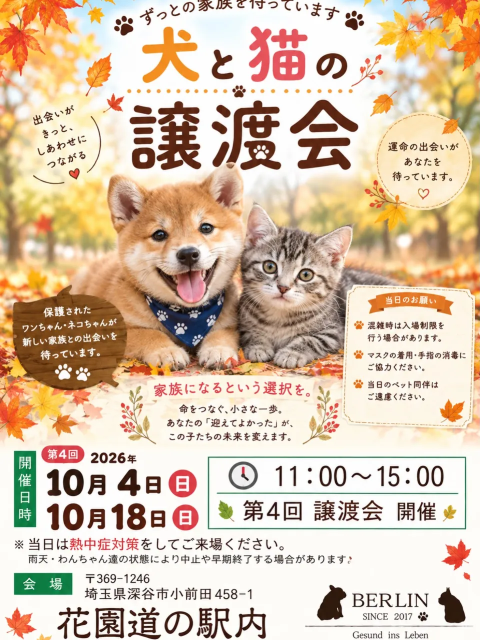 埼玉県深谷市花園道の駅で毎月2回開催される譲渡会が有ります🐾